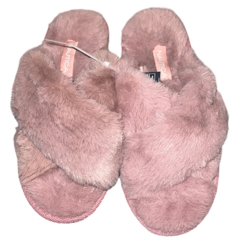 Nautica Aren Pink Faux Fur Slippers Size 6 NWOB Cozy Open Toe Slides